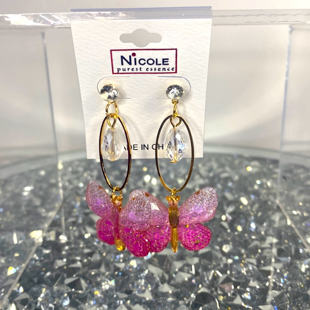 NICOLE PUREST ESSENCE PINK BUTTERFLIES PIERCED NEW EARRINGS